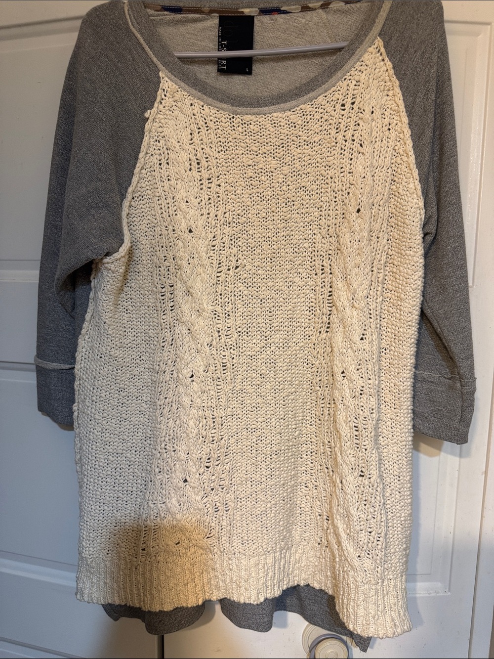 dolan Tshirt Cream Cable-Knit Front with Gray Raglan Sleeves